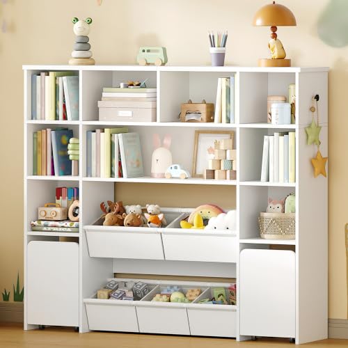 Hzuaneri Kinderregal mit 2 Rollboxen & 4 Ebenen, 30 x 140 x 120 cm, Weiß