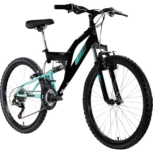 Galano FS240 Mountainbike Kinderfahrrad 24 Zoll Fahrrad 130-145 cm Fully ab 8 mit 18 Gängen Jugendfahrrad MTB (schwarz/türkis, 37 cm)