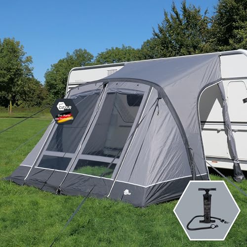 your GEAR Luftvorzelt Vicenza 350E AIR - aufblasbares Vorzelt 350 x 250 cm Wohnwagenvorzelt mit UPF 50+ Sonnenschutz und 5000 mm Wassersäule, graues Teilvorzelt Reisevorzelt Zelt inkl. Luftpumpe