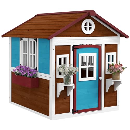 Outsunny Kinderspielhaus aus Holz Spielhaus Outdoor mit Fenster, Blumenregal, Pflanzenkasten und Tür Gartenhaus für Kinder 3-8 Jahre Dunkelbraun