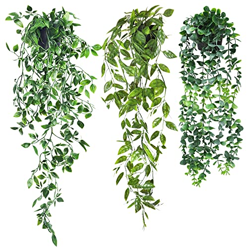 SHEPIN 3 Stück Hängepflanze Künstlich mit Topf,55-85 cm Kunstpflanze Hängend, Künstliche Hängepflanzen wie echt Artificial Plants Plastikpflanzen Deko für Indoor Outdoor Draußen Garten Deko