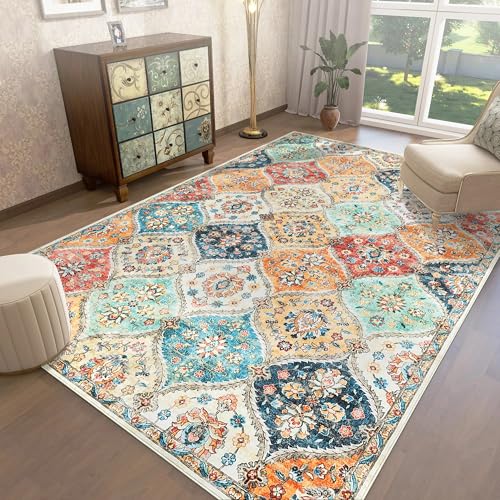 LuxFocus Teppich Wohnzimmer 160x230 cm, waschbarer Vintage-Blumenteppich, orientalisches Design, Rutschfester Kurzflor-Teppich für Esszimmer & Schlafzimmer, Orange