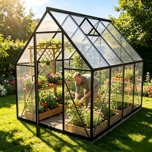 QEENTOE Aluminium Gewächshaus 6x8FT mit Fundamentrahmen & Belüftungsfenster, robustes Tomatenhaus wetterfest & rostfrei ideales Pflanzen- und Gemüsehaus für ganzjährige Anzucht Treibhaus 230x180x195cm