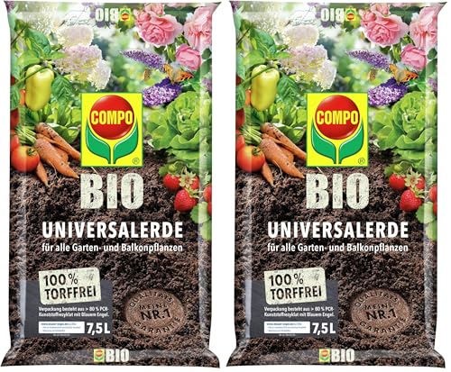 COMPO Bio Universal-Erde für Zimmerpflanzen, Ideal auch als Gemüseerde, für Obst und als Kräutererde, Torffrei, Kultursubstrat, 7,5 Liter, Braun (Packung mit 2)