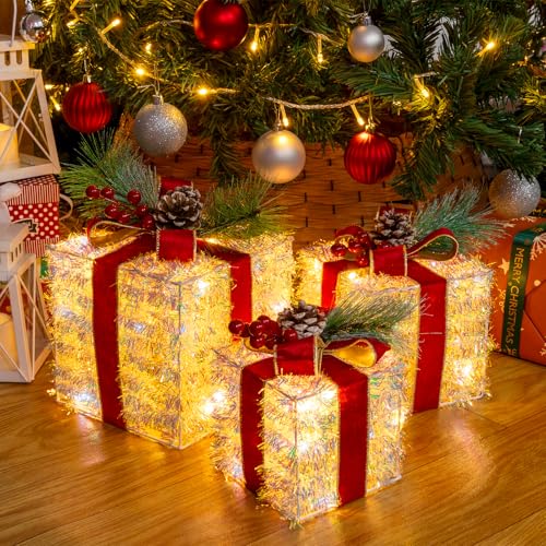 SANHSEHOME 3er Set LED Geschenkbox Weihnachten, Beleuchtete Deko Geschenke mit 60 LEDs, 8 Lichtmodi & Timer, Weihnachtsdeko mit Stecker für Innen & Außen, Weihnachtsbaum Fenster Garten (Rot)