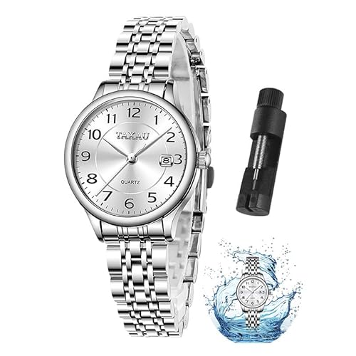 Taxau Damen Armbanduhr Silber Klassisch Damenuhr Silver Analog Klassisch Herrenuhr Edelstahl Metallarmband Uhr Damen Elegant Wasserdicht Armbanduhren FüR Damen Frauen Uhren Silberfarben Mode