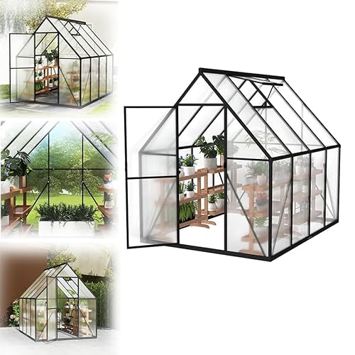 VA-Cerulean Gewächshaus mit Fundament 230x180x195 cm Tomatenhaus Treibhaus Gartengewächshaus Aluminium mit Schiebetür und Dachfenster - Stabil, Winterfest, UV-beständig