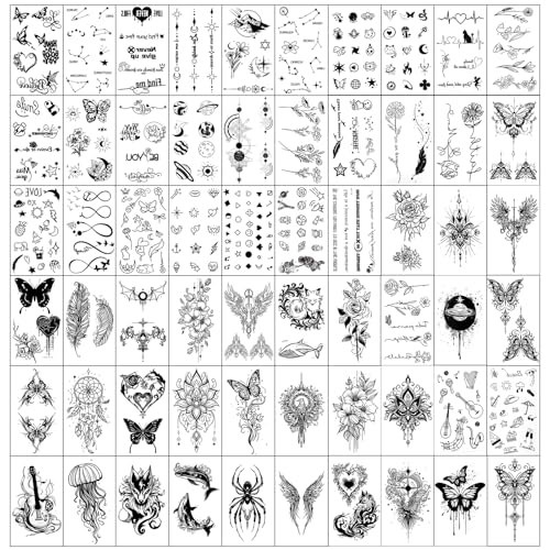 Temporäre Tattoo für Gesicht Körper, Temporäre Tattoos Erwachsene, 120 Blatt Schwarz Klebetattoos, Wasserdichte Temporäre Tattoos mit Blumen