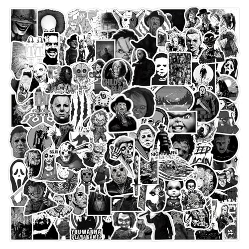 Aufkleber 100 Stück, Horror Film Charaktere Aufkleber, Graffiti Wasserfeste Vinyl schwarz & weiß Horror Sticker für Laptop, Koffer, Halloween, Wand Deko