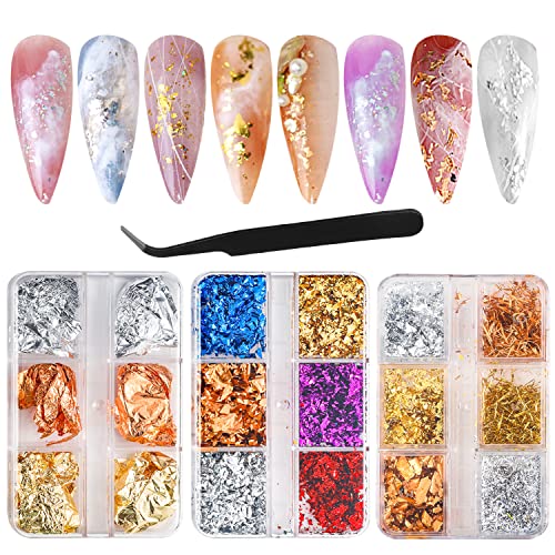 3 Boxen Blattgold Nailart, Goldfolie Nägel Set mit Pinzette, Blattgold Nägel Nagel Kunst Dekorationen für Gesicht Körper Make-up Dekorationsnägel