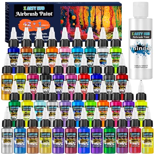X ARTY HUB Airbrush Farbe - 42 Farben mit 120 ml Verdünnern, Schillernde, Neonfarbene und Metallische Airbrush Farben Acryl, Gebrauchsfertig, Wasserbasiertes Airbrush-Malset für Künstler und Anfänger