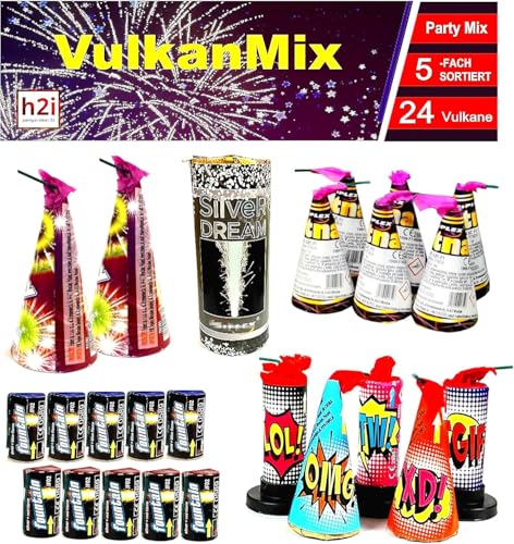 h2i Vulkan Mix | 24 St. | 5fach Sortiert | Outdoor Vulkan Mix für Silvester, Halloween & Partys | Kinder & Jugendfeuerwerk | b | Ganzjahresfeuerwerk Kat 1