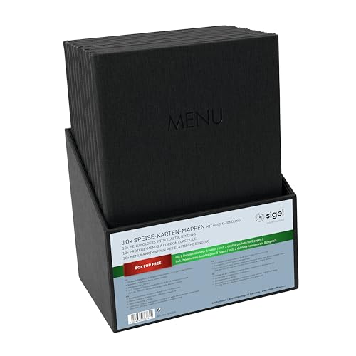 SIGEL SM200 Speisekarten-Mappen A4 - Set: 10 Stück mit gratis Aufbewahrungsbox - Gummi-Bindung, schwarz mit Leinenstruktur, strapazierfähig und leicht abwischbar