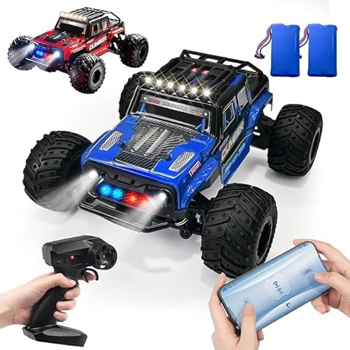 28KM/H Ferngesteuertes Auto, Monstertruck Ferngesteuert mit Doppelschale und Licht, 1/18 RC-Auto Offroad mit App-Steuerung, 2 Akku 60MIN Spielzeit, 2.4GHz Ferngesteuertes Auto ab 5 6 7 8 9 10 Jahre