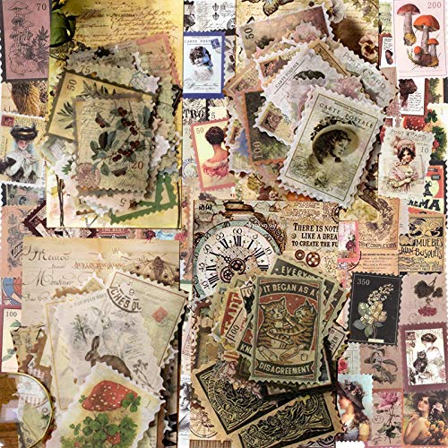4 Stile (240 Stück) Vintage Aufkleber Stempel Scrapbooking Aufkleber Dekoration Papier Aufkleber für Scrapbook Kalender Notizbuch Tagebuch Fotoalbum DIY Dekoration Charakter Pflanze Gebäude 47x67MM