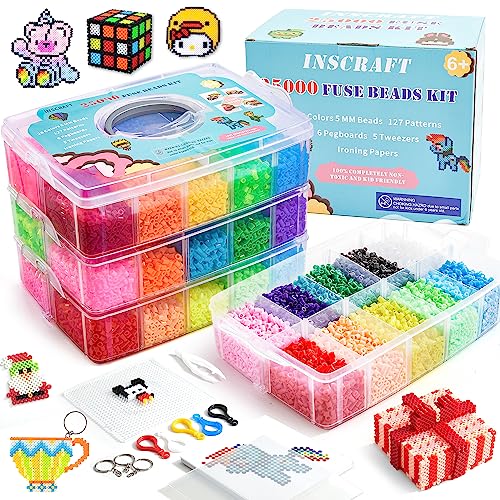 INSCRAFT Bügelperlen Set, 25000 teilige große Bügelperlen 5mm, 26 Farben Bügel perlen xl, Bügel-perlen groß mit 10 Bügelpapier, 127 perlen Vorlagen & 4 Bügelperlen Platten, Steckperlen ab 3 jahre