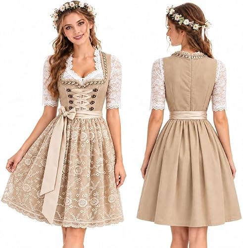 Damen Dirndl Oktoberfest Trachtenkleid mit Schürze Spitze Knielang (DE/NL/SE/PL, Alphanumerisch, XS, Regular, Regular, Gelb)