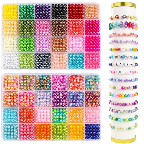 DIYDEC 2400 Stück 48 Farben Bunte Runde Perlen, 6mm Runde Bunte Perlen Bastelperlen zum Auffädeln für Schmuckherstellung DIY Armbänder Halsketten Handwerk
