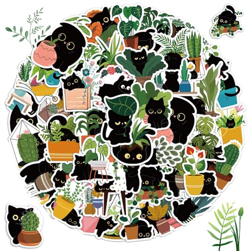 60 Stück Katzen und Pflanzen Aufkleber, 4-6cm Niedliche Wasserdicht Schwarze Katzen Aufkleber, Cartoon Kawaii Laptop Katzen Vinyl Stickers für Skateboard Fahrrad Moped Motorrad Scrapbooking