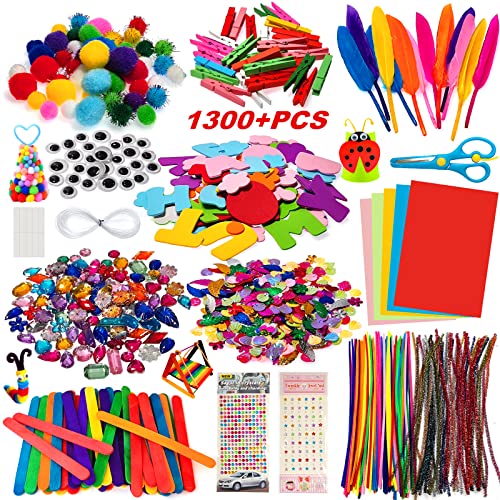 Bastelset Kinder, 1300+PCS DIY Basteln Bastelkoffer, Bastelzubehör Bastelmaterial Scrapbooking, Pfeifenreiniger, Pompons, Federn, Perlen, Wackelaugen, Pailletten Bastelbedarf für Kleinkinder