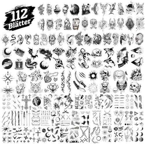 Leesgel 112 Blätter Temporäre Tattoos Erwachsene, Fake Tattoos Klebetattoos 3D Wasserdicht Tattoo, Arm Tattoo Aufkleber Tatoos Aufkleben Frauen Karneval Fasching Deko