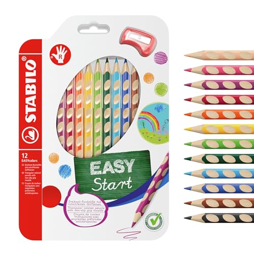 STABILO - Ergonomischer Buntstift für Rechtshänder - EASYcolors - 12er Pack mit Spitzer