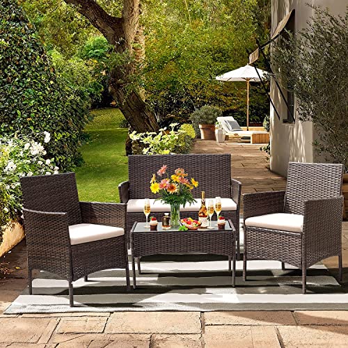 JINPALAY Balkonmöbel Rattan Gartenmöbel Set Sitzgruppe Lounge-Set Terrassenmöbel für 4 Personen Sofa, Singlestühle, Tisch und Sitzkissen