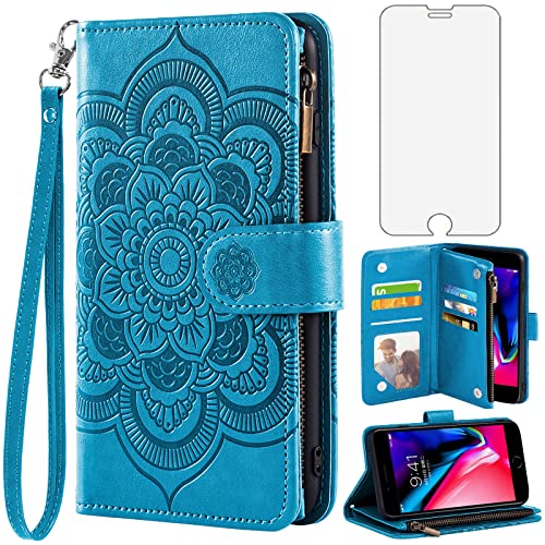 Asuwish Handyhülle für iPhone 7 Plus/8 Plus Hülle mit Folie Schutzfolie Kartenfach Klappbar Leder Blumen Geldbörse Ständer i 7Plus 8Plus + 7+ 8+ Handy Hüllen Schutzhülle Wallet Cover Phone Case Blau