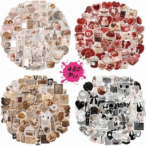 480 Stück Vintage Sticker Set, Ästhetische Aufkleber in 4 Farben – Rosa, Rot, Braun & Schwarzweiß – für Scrapbooking, Laptop, Tagebuch, Wasserflasche, DIY Dekoration