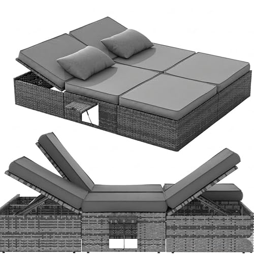 UDPATIO XXL Rattan Gartenliege wetterfest, 200 x 160 cm Polyrattan Sonnenliege für 2 Personen, Outdoor Doppelliege mit 5-Fach Verstellbarer Rückenlehne für Balkon, Grau-meliert & Dunkelgraue Bezüge