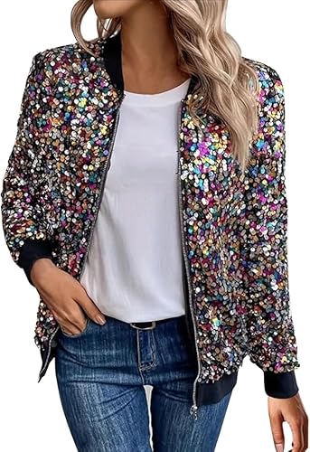 Glitzer Jacke Damen mit Reißverschluss Glitzer Bomberjacke Bolero Elegant Jacken Festliche Disco Kostüm Langarm Casual Pailettenjacke Slim Fit Winter Streetwear Top Glitzertop für Rave Party