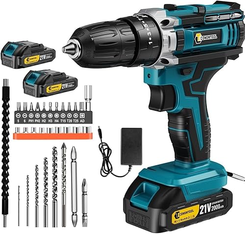 21V Akkuschrauber Set, 45N.m Akku Bohrschrauber Set, 25+3 Drehmomentstufen Klein Akkubohrer mit 2 * 2.0Ah Akku und Ladegerät Bohrmaschine Schlagbohrschrauber LED-Licht