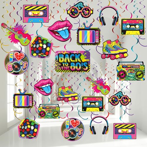 30 Stück 80er Dekorationen, Retro 1980er Hip Hop Hängende Wirbel Decken Dekor für Erwachsene Back to The 80s, 1980er Rückblick Geburtstag Neon Rock Hippie Zubehör