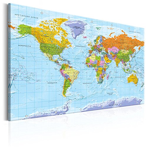 B&D XXL deutsch Weltkarte Pinnwand Kork & Vlies Leinwand Bilder 120x80cm XXL Zum Pinnen Groß Wandbild Rückwand Set mit 50 Markierfähnchen Wanddeko - Pins Deko Korktafel Lernkarte Landkarte World Map