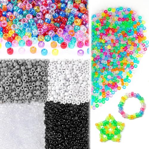 600 Stück Pony Beads, Pony Perlen zum Auffädeln, Perlen Großes Loch 9mm, Armbänder Selber Machen Set, Haarflechten Kunststoffperlen für Schmuck, Ketten, Haarflechten, Basteln