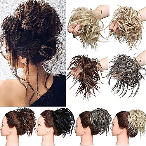 Hair Extensions XXL Haarteil Haargummi Hochsteckfrisuren Brautfrisuren VOLUMINÖS gewellter unordentlicher Dutt Scrunchie Dunkelschwarz