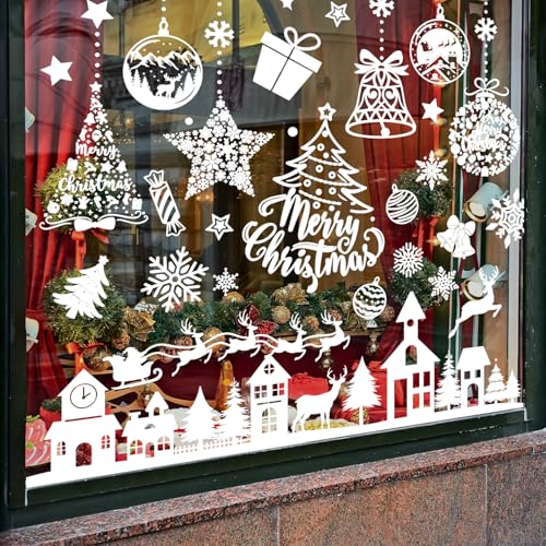 250 Fensterbilder Weihnachten, Weihnachtsdeko, Fenstersticker Weihnachten | PVC Schneeflocken Fensterbilder, Selbstklebend, Wiederverwendbar mit Häuser, Schneeflocken, Weihnachten deko