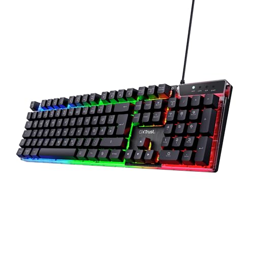Trust Gaming GXT 835 Azor Gaming Tastatur mit Beleuchtung Deutsches QWERTZ Layout, Tastaturlayout in Originalgröße, 3 LED-Farbmodi, Anti-Ghosting, 12 Multimedia-Funktionstasten, PC/Laptop