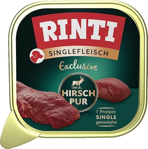 RINTI - Singlefleisch Exclusive | Nassfutter mit 100% Hirschfleisch für Sensible, ausgewachsene Hunde. Alleinfutter in Schälchen ohne Getreide und künstliche Zusätze | 10x150g Hirsch Pur