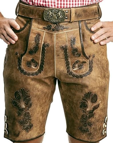 SYMPHONIE WESTERWALD Bayerische Herren Trachten Lederhose mit Trachtengürtel + Hosenträger, speckig, antik Look, braun, Gr. 52