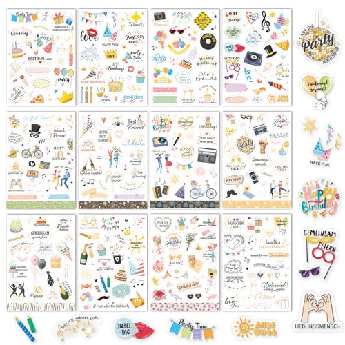 DPKOW 310+ Sticker für Geburtstag Gästebuch Fotoalbum, Geburtstag Aufkleber für Scrapbook Geburtstagskarten Geschenke Deko Geburtstag Sticker für Erwachsene Kinder Bullet Journal, Transparent