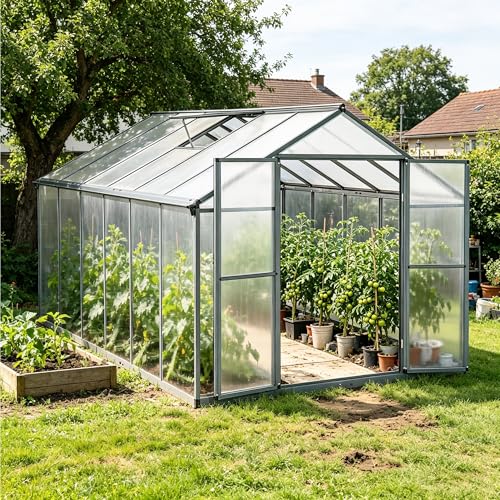 Gegaden Gewächshaus Aluminium für den Garten |Mit 8 cm dickeres Fundament| 361*238*210 cm | Vielseitig nutzbar als Treibhaus Gartenhaus Winterfest Aufzucht Tomatenhaus Frühbeet und Pflanzenhaus Grau