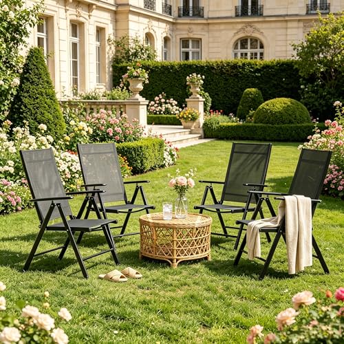2026 Aufwertung 4er Set Klappbare Hochlehner Gartenstühle, Regulierbarer 7 Winkel Wetterfeste Terrassenstühle mit Atmungsaktives Textilene & Stahlgestell für Garten, Balkon, Terrasse, Poolbereich