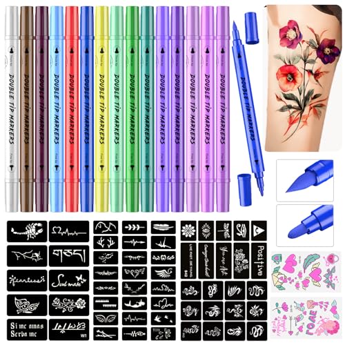 PFARRER Temporäre Tattoo Markers for Skin, Tattoo stifte für die haut 15 Body Markers + 64 Large Tattoo Stencils & 2 sheets Glow Stickers for Kids and Adults, Dual-End Tattoo Pens ZYH2310001KIT