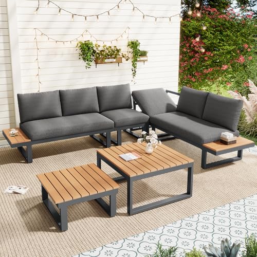Mrwoo Gartenmöbel Set 6-Sitzer mit Stauraum, Sitzgruppe Gartenlounge mit Kissen & 2 Tisch, mit Verstellbarer Neigungsfunktion, Outdoor Ecksofa-Set aus Verzinktem Eisen, Grau+Schwarz