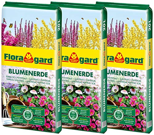 Floragard Blumenerde 3x20 L - Universalerde für Zimmer-, Balkon- und Kübelpflanzen - mit Ton und Langzeitdünger - 60 Liter, erdfarben