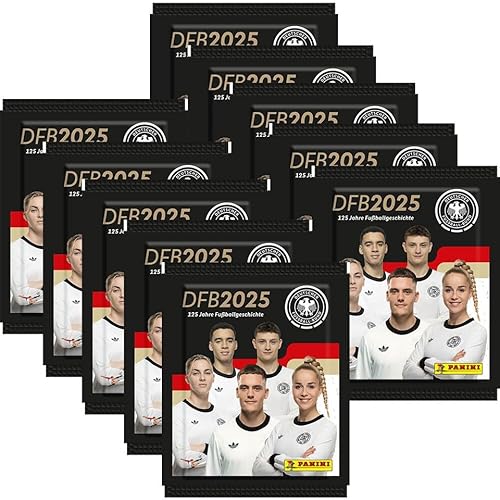 Panini 125 Jahre DFB Fußball Sticker - 10x Stickertüten 50 Sammelsticker Saison 2025 und BB-Toy-Trades Toploader