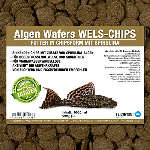 Teichpoint Algen-Wafers Wels-Chips (Hauptfutter für alle pflanzenfressenden Bodenfische und scheuen Zierfische in Waferform) - Welsfutter im 1 Liter Beutel
