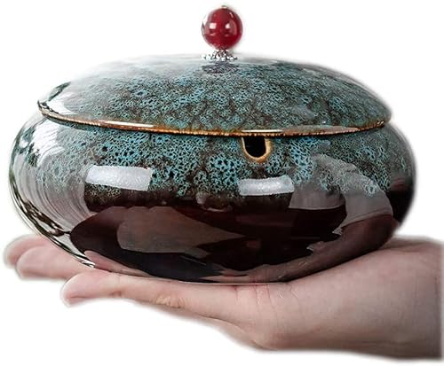 JAIEF Keramik-Aschenbecher mit Deckel, winddicht, Zigaretten-Aschenbecher für den Innen- und Außenbereich, Schreibtisch-Raucher- für Heimbüro-Dekoration (Blau)