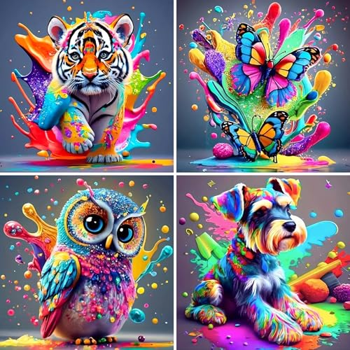 FLAJZ Malen Nach Zahlen Kinder, 4 Stück Tiere Malen Nach Zahlen ab 5 6 7 8 9 10 11 12 Jahre Mädchen und Junge, Farbiges Leinwand Acrylfarben DIY Ölgemälde Set zur Heimdekoration, 20x20cm